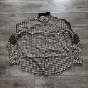 Polo Ralph Lauren Shirt Mens Large Beige Check Elbow Patch Long Sleeve Button Up
